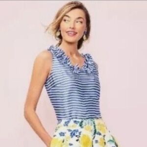 Talbots RSVP Blue & White Ruffle Neck Blouse.